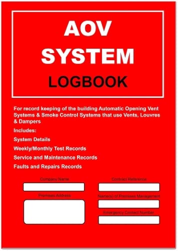 Red AOV System Logbook cover with white text and fillable fields.