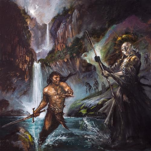 A shirtless warrior with a sword confronts a cloaked, skeletal figure before a waterfall.