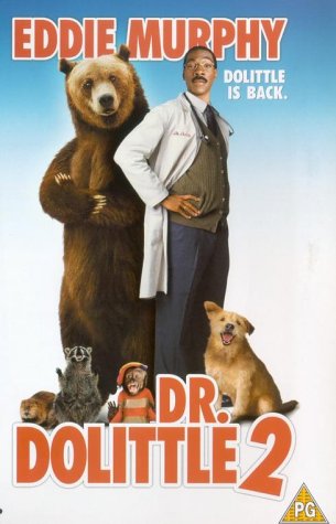 "Dr. Dolittle 2 DVD cover featuring Eddie Murphy with animals, including a large bear."