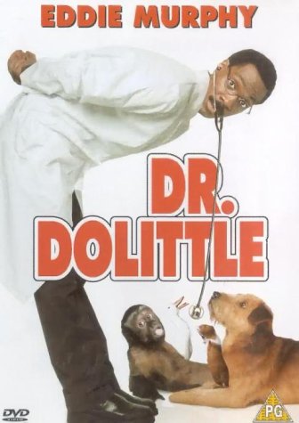 Eddie Murphy as Dr. Dolittle with a monkey and a dog on DVD cover.