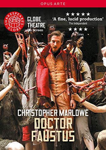 DVD cover for “Doctor Faustus” at the Globe Theatre, featuring a man in red.