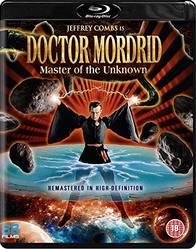 Blu-ray cover art for Doctor Mordrid featuring a man in robes surrounded by asteroids.