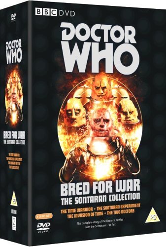 Doctor Who Bred For War DVD cover featuring Sontaran characters against a fiery background.