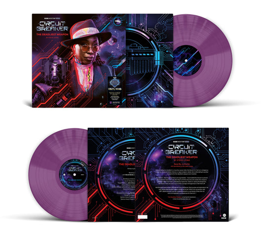 Doctor Who vinyl record: purple discs with futuristic cover art.