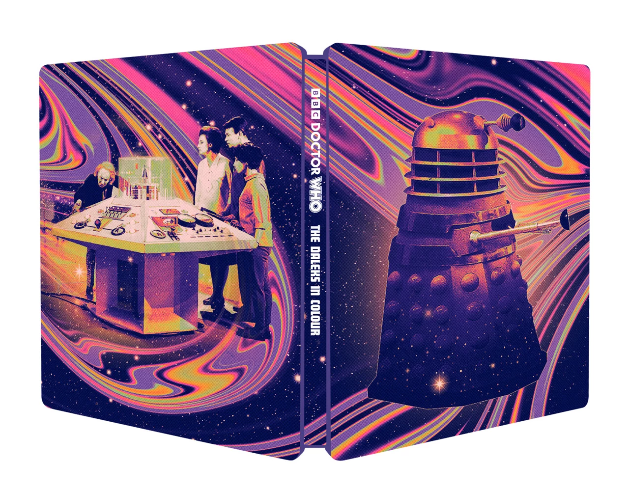 Blu-ray case featuring a Dalek and characters from Doctor Who in a colorful, swirling design.