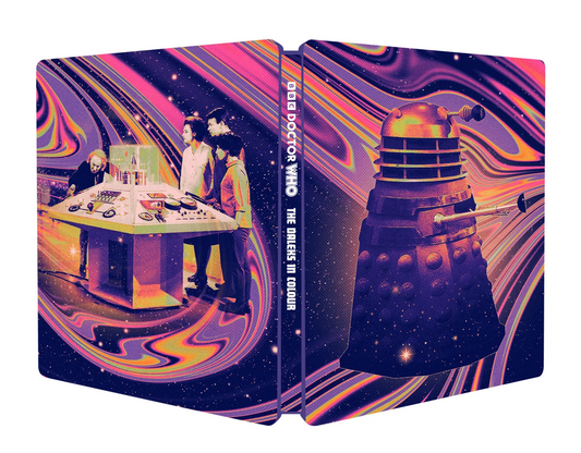 Blu-ray case featuring a Dalek and characters from Doctor Who in a colorful, swirling design.