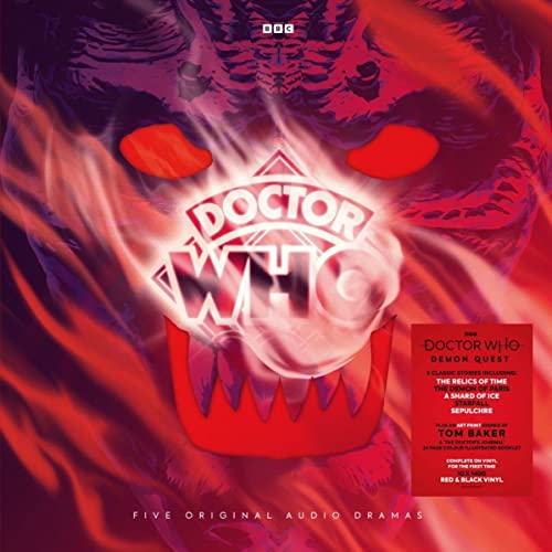 Doctor Who Demon Quest vinyl cover featuring a glowing logo over a demonic face.