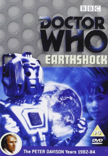 "Doctor Who: Earthshock DVD cover featuring a cyberman and the Earth in blue tones."