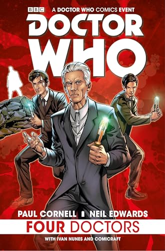Comic book cover featuring four Doctors from Doctor Who, in suits.