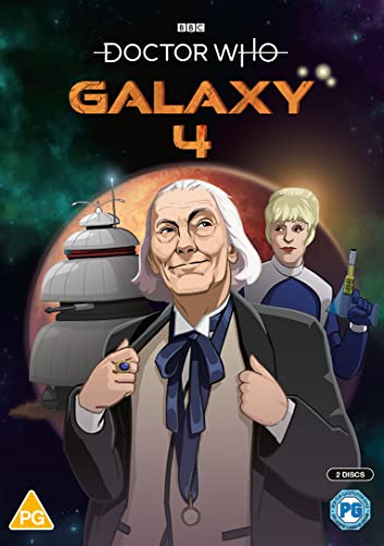 DVD cover art featuring the First Doctor, a companion, and a robot against space.