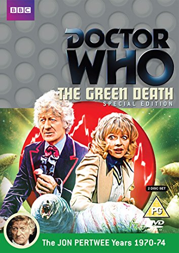 "Doctor Who: The Green Death DVD cover featuring the Doctor and companion, with a giant worm."