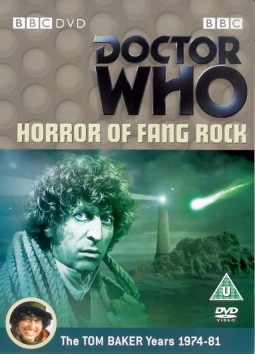 "Doctor Who DVD cover featuring Tom Baker with a lighthouse and comet."