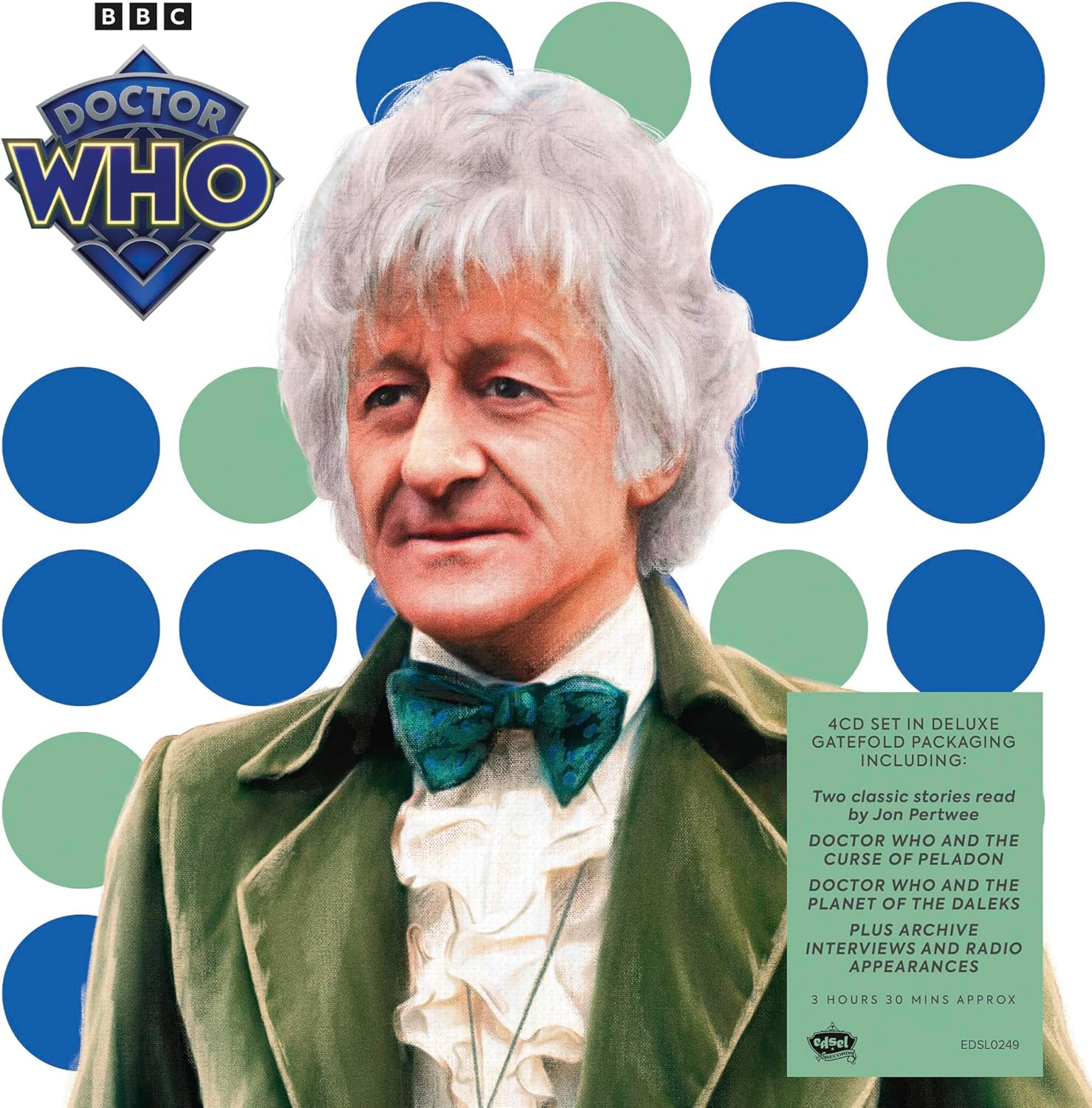CD case featuring Jon Pertwee as the Third Doctor, with colorful circles.