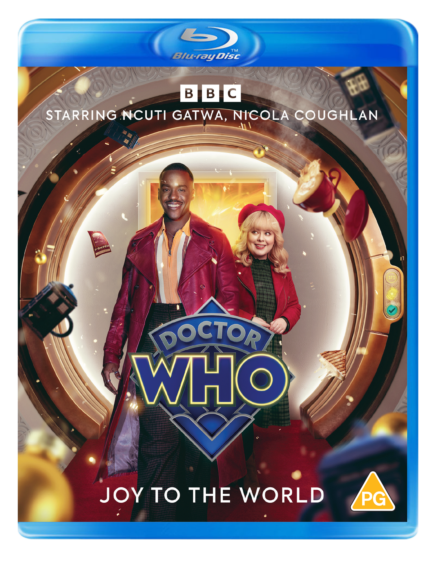 Doctor Who: Joy to the World" Blu-ray cover featuring Ncuti Gatwa and Nicola Coughlan.