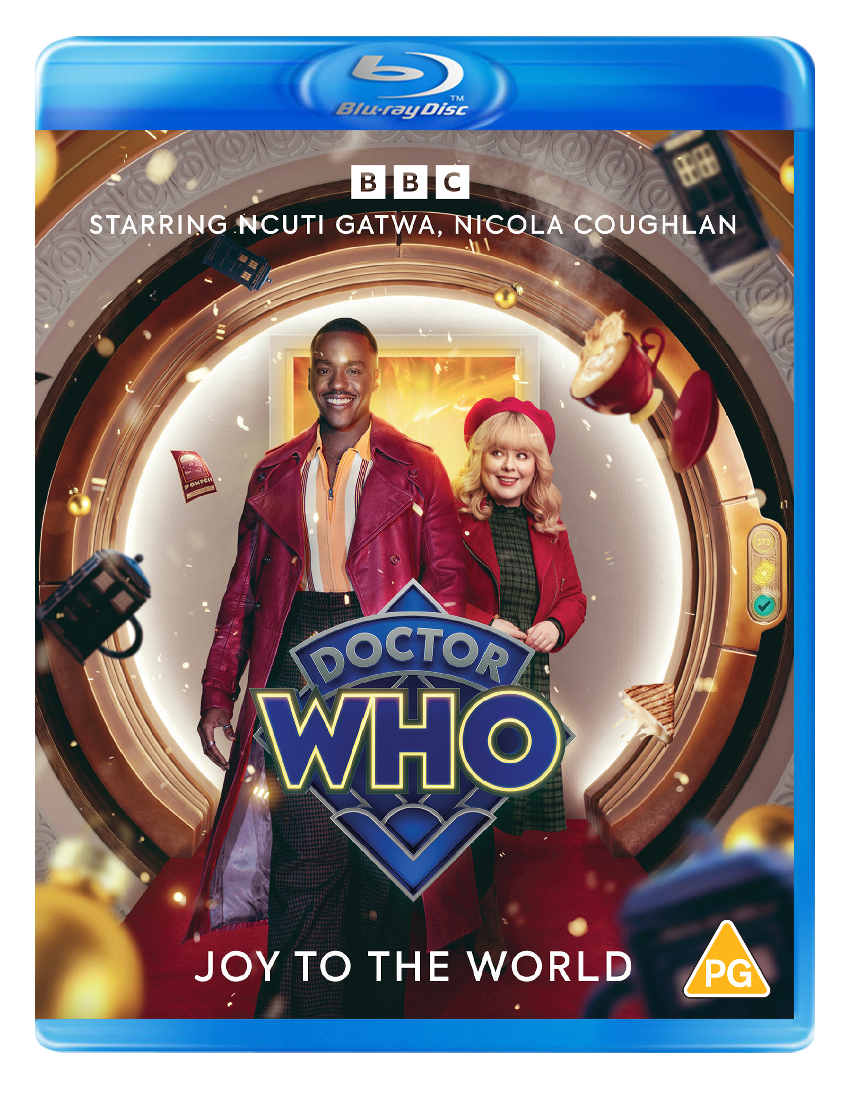 Doctor Who: Joy to the World" Blu-ray cover featuring Ncuti Gatwa and Nicola Coughlan.