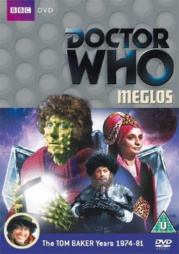 Doctor Who Meglos DVD cover featuring Tom Baker and other characters against space background.