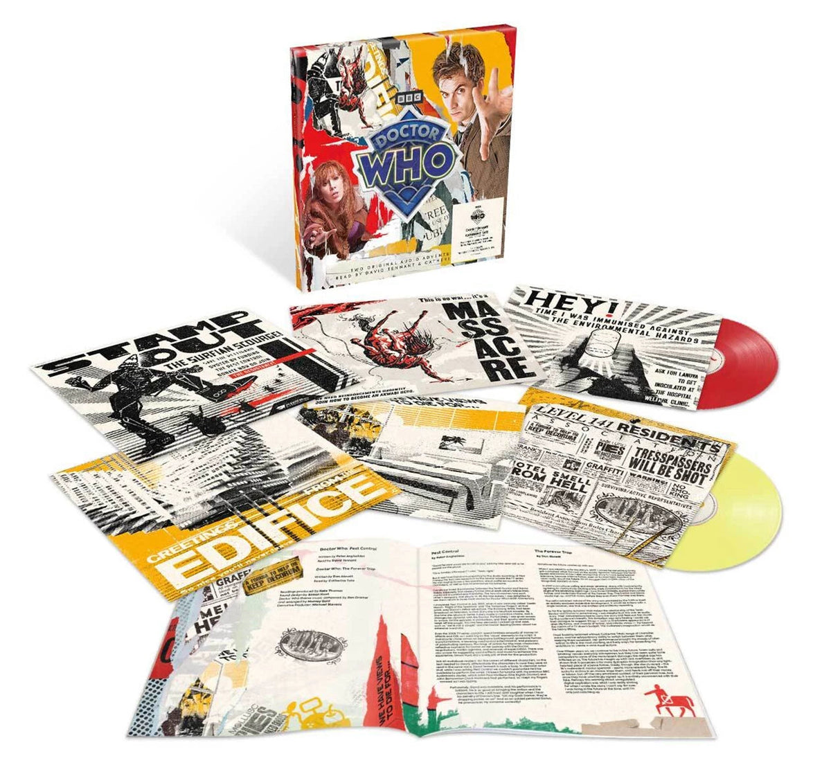 Doctor Who vinyl record set with colorful cover art and inserts.