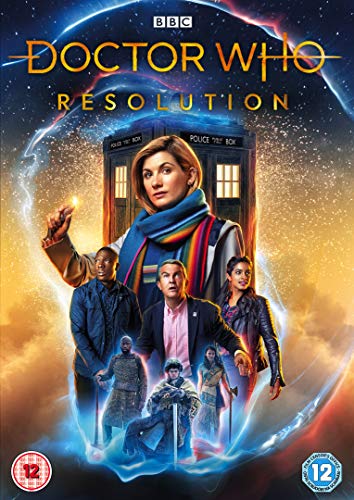 "Doctor Who: Resolution" DVD cover featuring the Thirteenth Doctor and companions in a cosmic scene.