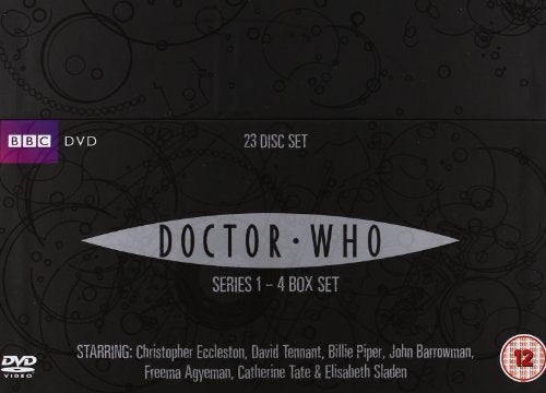 Doctor Who Series 1-4 DVD box set with circular pattern background.