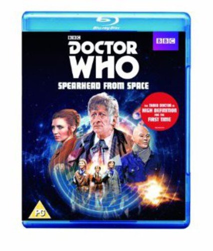 Doctor Who: Spearhead From Space Blu-ray cover with actors and space background.