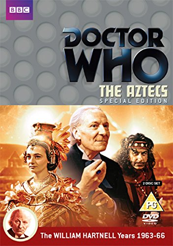 "Doctor Who: The Aztecs DVD cover featuring three characters and William Hartnell's portrait."