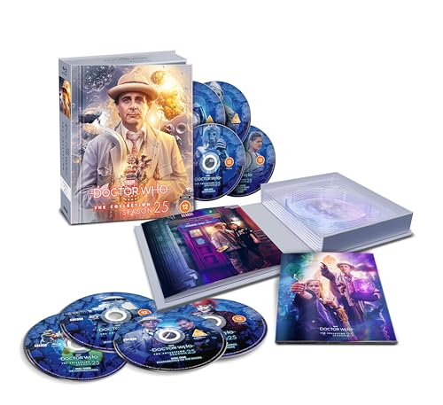 Doctor Who Season 25 Blu-ray collection box set with discs, booklet, and illustrated packaging.