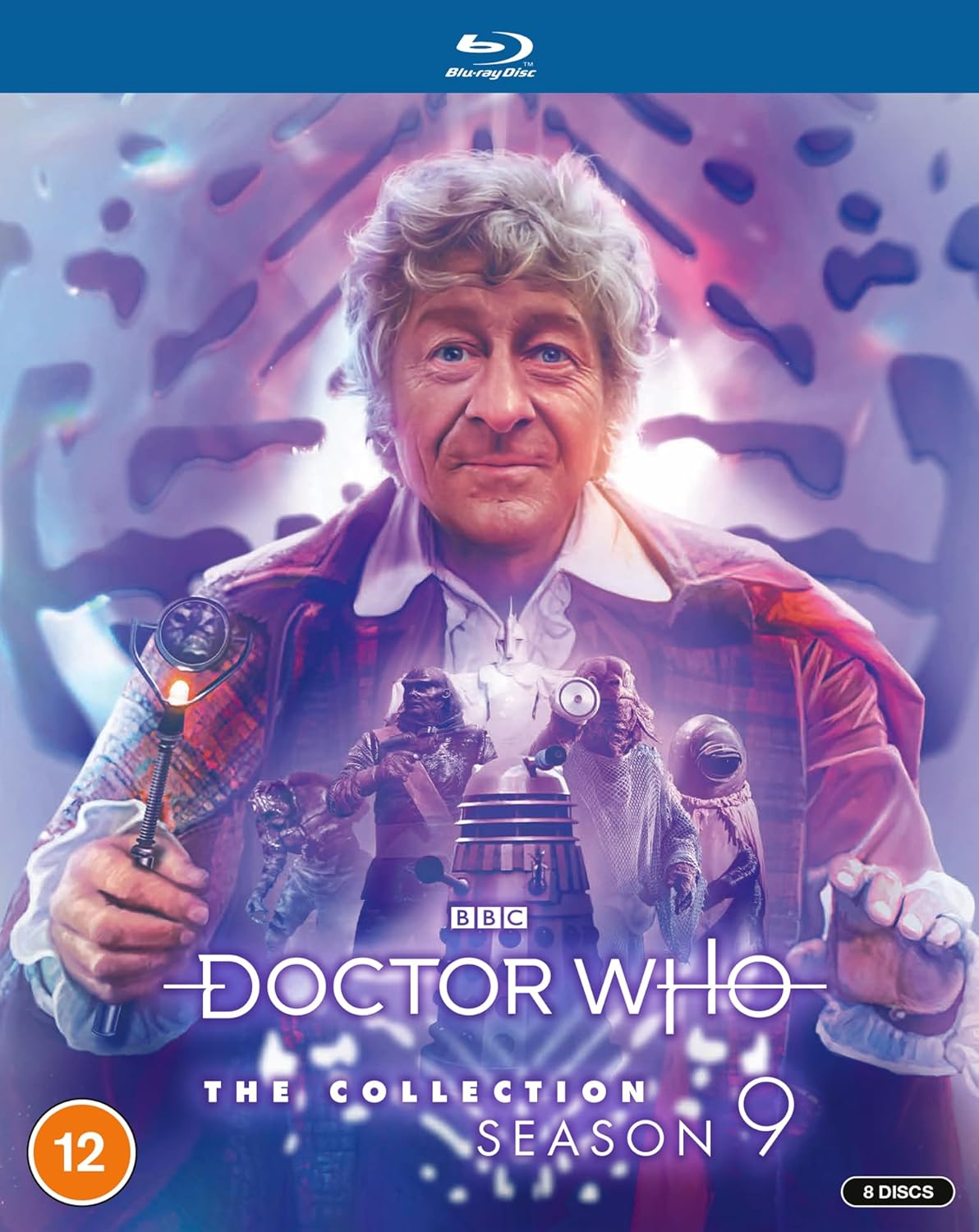 Doctor Who The Collection Season 9 Blu-ray cover featuring the Third Doctor and monsters.