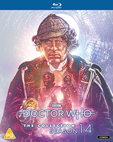 Doctor Who Season 14 Blu-ray cover featuring the Fourth Doctor and various alien creatures.