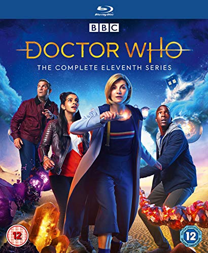 "Blu-ray cover featuring four 'Doctor Who' characters in a dynamic pose against a space background."