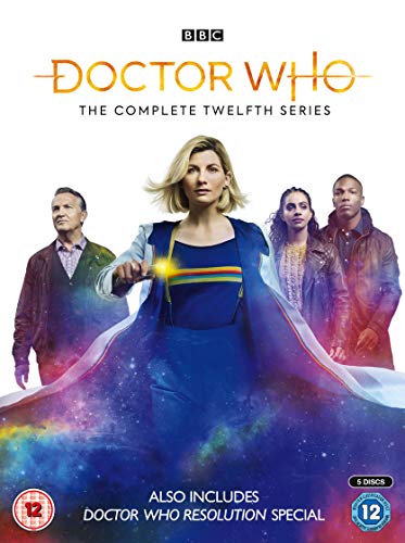"Doctor Who DVD cover featuring the Thirteenth Doctor and companions against a galaxy background."