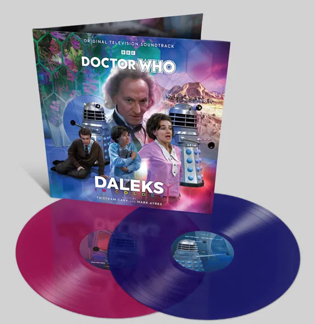 Doctor Who vinyl record with William Hartnell, Daleks, and colored discs.
