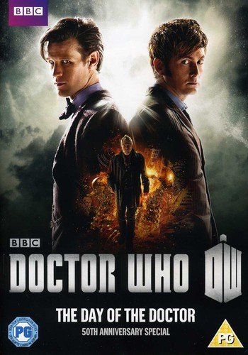 "Doctor Who DVD cover featuring three men in suits, with a burning cityscape."