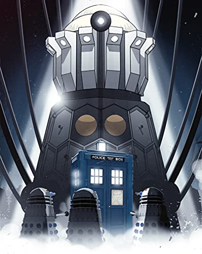 A large Dalek looms behind the TARDIS, flanked by three smaller Daleks in front.
