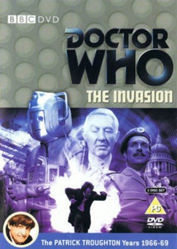 "Doctor Who: The Invasion DVD cover featuring characters and a robot against a gray background."