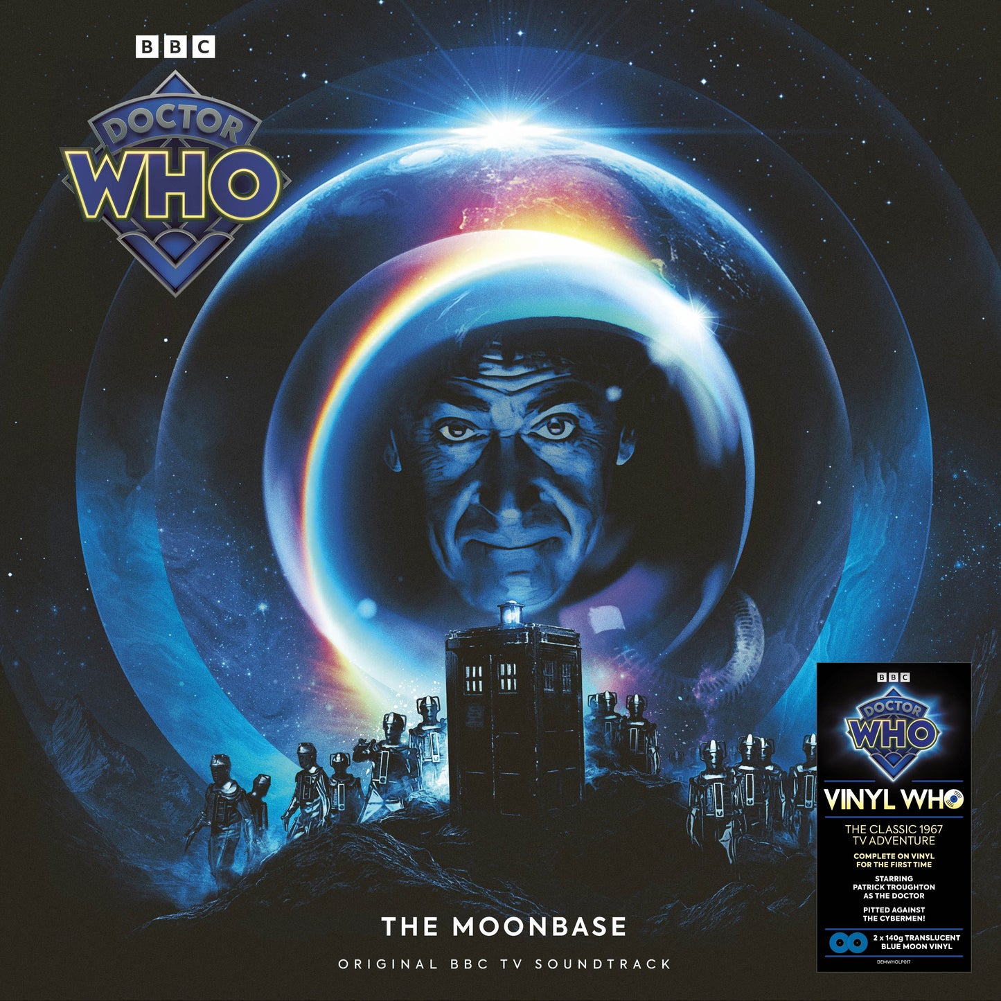 Doctor Who The Moonbase vinyl cover featuring the Second Doctor, TARDIS, and Cybermen on moon.