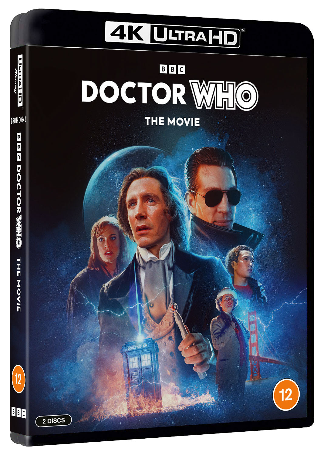 Doctor Who movie case with five characters and a police box on a starry background.