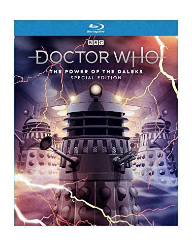 Blu-ray cover featuring three Daleks against a dark background with yellow lightning effects.