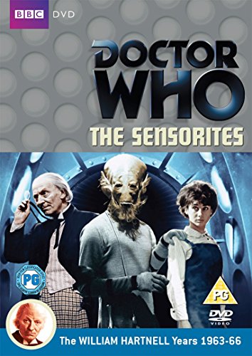 "Doctor Who: The Sensorites DVD cover featuring three characters and a blue background."