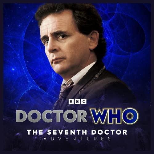 Seventh Doctor portrait with blue swirling background and “Doctor Who” logo.