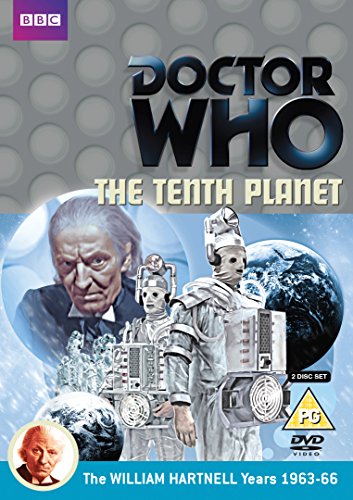 "Doctor Who: The Tenth Planet DVD cover featuring robots and characters against a planet backdrop."