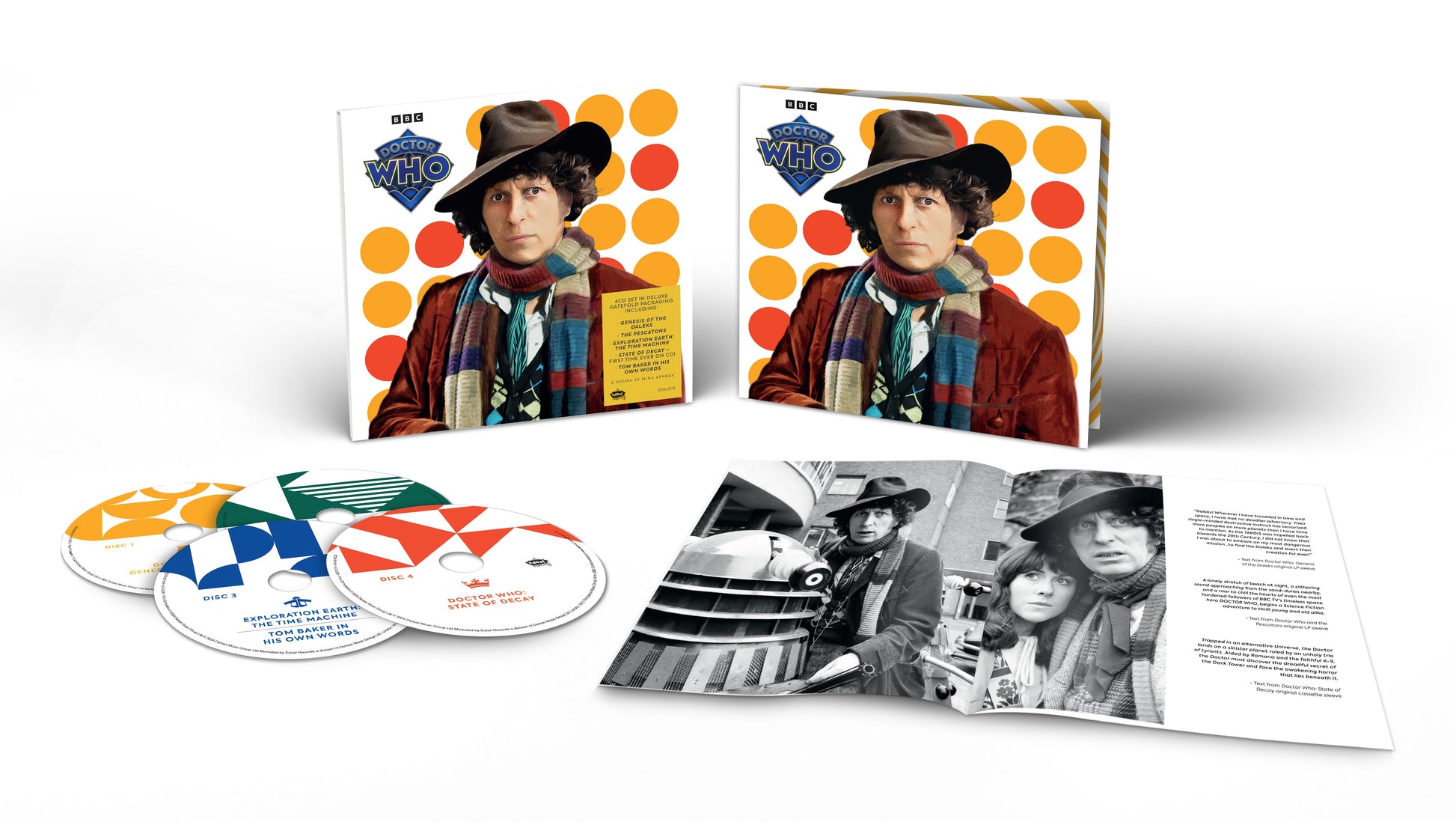 Doctor Who CD cover featuring Tom Baker with colorful polka dot background.