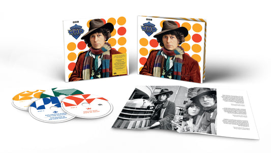 Doctor Who CD cover featuring Tom Baker with colorful polka dot background.