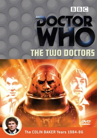 DVD cover for "Doctor Who: The Two Doctors" featuring three characters and orange background.