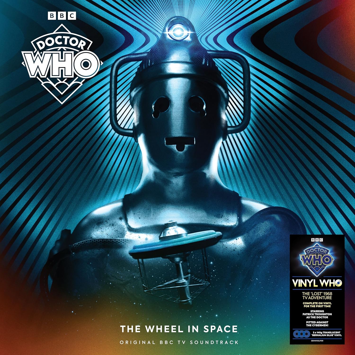 Doctor Who vinyl record cover featuring a Cyberman against a blue nebula.