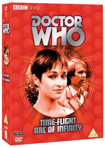 Doctor Who Time-Flight and Arc of Infinity DVD cover with red background and characters.
