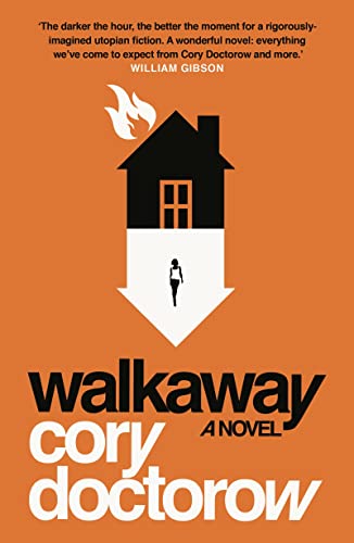 Book cover: orange background, black house silhouette, and walking figure.