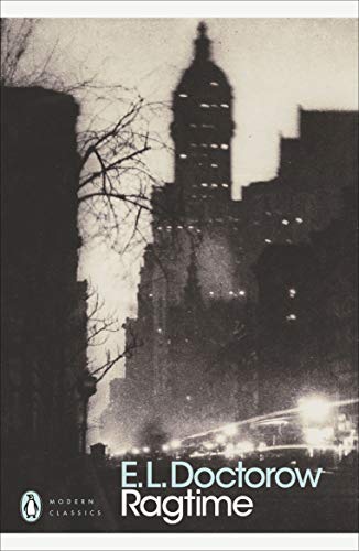 Book cover of E.L. Doctorow’s “Ragtime” with a blurred city skyline.