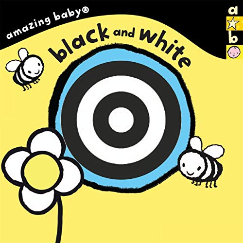 Black and white baby book cover with bee and flower illustrations.