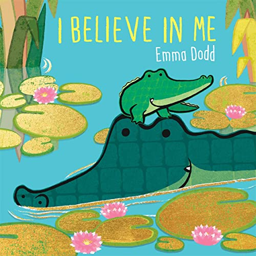 A baby crocodile sits on a larger crocodile in a pond with lily pads.