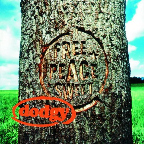 Tree trunk with carved text “FREE PEACE SWEET” and “dodgy” logo.